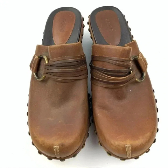 Ecco flats size 38 7-7.5 brown leather clog mules - Picture 3 of 14